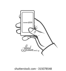hand holding smart phone, simple illustration, hand drawn, isolated on white background