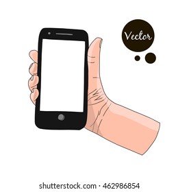 Hand holding smart phone, simple illustration, hand drawn, isolated on white background