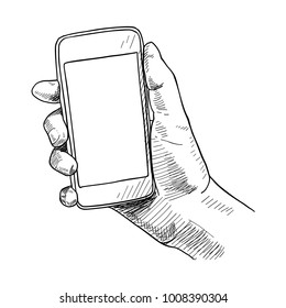 Hand Holding Smart Phone, Sketch Vector Illustration