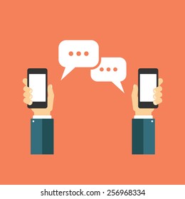 Hand Holding Smart Phone And Speech Bubbles. Communication Concept Vector Flat Design Illustration