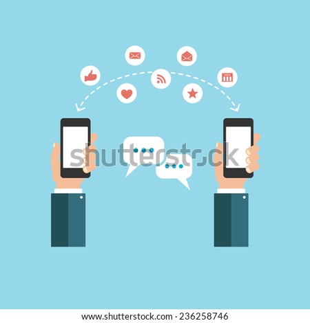 hand holding smart phone with speech bubbles and icons set. communication and transferring concept vector flat design illustration