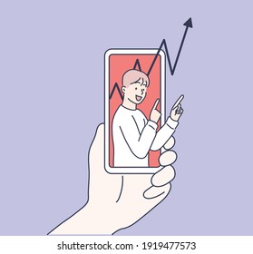 Hand holding smart phone with success growth. Success growth chart on touch screen smart phone. Hand drawn style vector design illustrations.