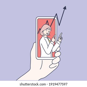 Hand holding smart phone with success growth. Success growth chart on touch screen smart phone. Hand drawn style vector design illustrations.