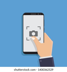 Hand holding smart phone, take pictures, flat design vector illustration