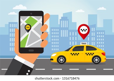 Hand holding smart phone with taxi app on display. Taxi service vector illustration in flat style.