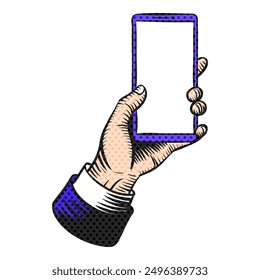 Hand holding smart phone template halftone color vector illustration