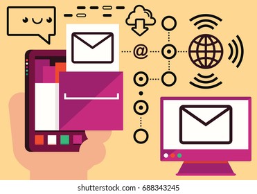 Hand holding a smart phone that opens like a drawer and sends an electronic mail towards a personal computer