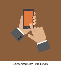 hand holding smart phone and touching screen