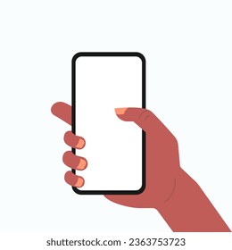 Hand holding smart phone, touching blank white screen. Mobile phone smartphone usage. Vector illustration