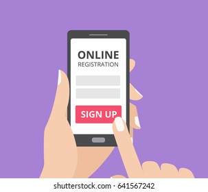 Hand holding smart phone and touching the screen with online registration form and sign up button. User login mobile application flat design concept.  