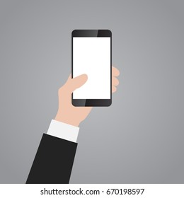 Hand holding smart phone, touching blank screen
