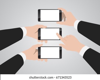 Hand holding smart phone, touching screen, taking a photo selfie