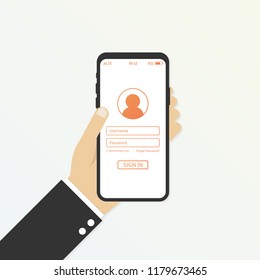 Hand holding smart phone with user login form page and sign in button. Username and password box.. Vector stock illustration.
