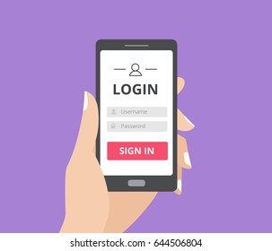 Hand Holding Smart Phone With User Login Form Page And Sign In Button. Username And Password Box. Member Profile Log In, Mobile Application Flat Design Concept.