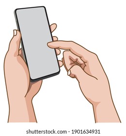 A hand holding a smart phone And are using the other hand to touch the screen vector