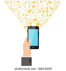 Hand holding a smart phone with various application icons on the background. Vector illustration.