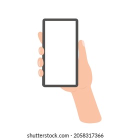 Mano sosteniendo un teléfono inteligente. Ilustración vectorial aislada.