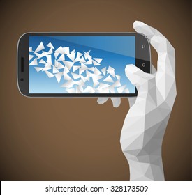 Hand holding smart phone vector illustration with triangulation style. Saved in EPS 8 
file. All related elements are separated and grouped, well constructed for easy 
editing.