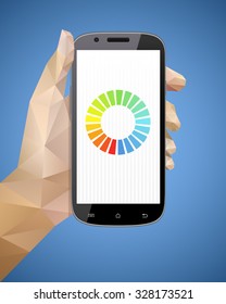 Hand holding smart phone vector illustration with triangulation style. Saved in EPS 
10 file with transparencies. All related elements are grouped and separated, well 
constructed for easy editing.