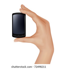 Hand holding smart phone.  Vector illustration.