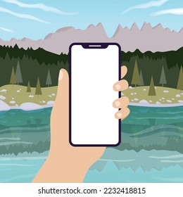 Hand holding smart phone in vertical  position banner. Nature landscape behind. Empty screen. Vector illustration, flat design