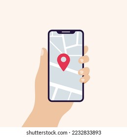 Hand holding smart phone in vertical  position banner. Screen with map navigation and geo tag. Concept of geolocation. Vector illustration, flat design