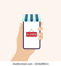 Hand holding smart phone in vertical  position banner. Screen with closed sign and awning. Vector illustration, flat design
