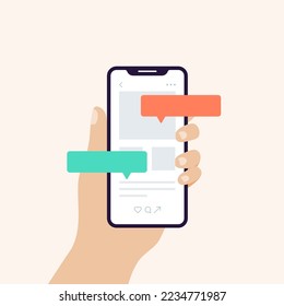 Hand holding smart phone in vertical  position banner. Screen with speech bubbles and interface. Concept of chatting, user experience, comments. Vector illustration, flat design