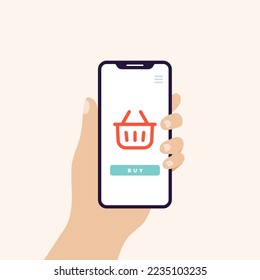 Hand holding smart phone in vertical  position banner. Screen with shopping basket and buy button. Concept of online shopping, grocery, supermarket shopping. Vector illustration, flat design