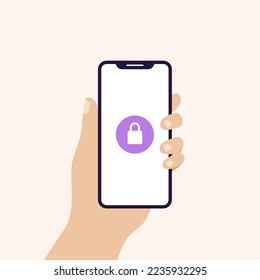 Hand holding smart phone in vertical  position banner. Screen with closed padlock. Concept of cyber security, password, privacy. Vector illustration, flat design