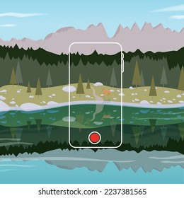 Hand holding smart phone in vertical  position banner. Nature landscape behind. Mobile phone recording a wild nature scenery with a fawn. Vector illustration, flat design