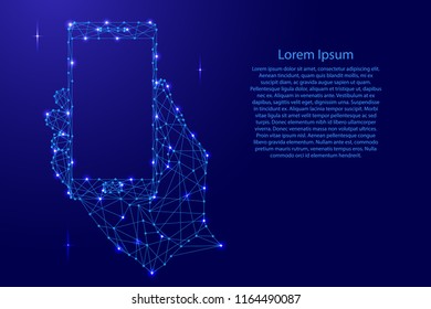 Hand holding a smart phone vertically from futuristic polygonal blue lines and glowing stars for banner, poster, greeting card. Vector illustration.