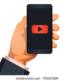 Hand holding smart phone with video player on the screen. Movie app concept. Vector flat illustration.