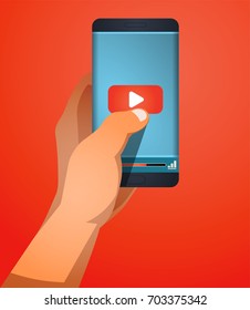 Hand holding smart phone with video player on the screen. stream concept. Vector flat illustration.