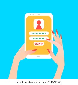 Hand holding smart phone in women's hand with sign in page on screen. Finger touch screen for banner, web site. Colorful Flat style vector illustration