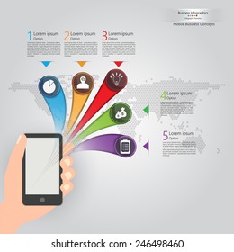 Hand Holding Smart Phone/Mobile With Colorful Curved Shape, Business Icon, Number Options and Text Information Design. Mobile Financial/Business Infographic. Vector Illustration Template Design.
