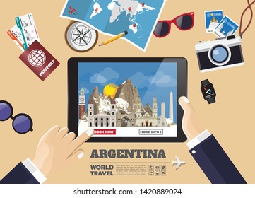 Hand holding smart tablet booking travel destination.Argentina famous places.Vector concept banners in flat style with the set of traveling objects, accessories and tourism icon.