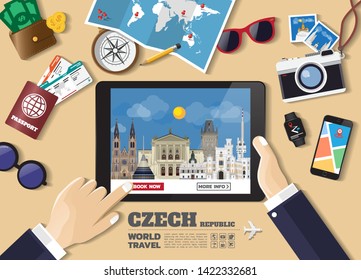 Hand holding smart tablet booking travel destination.Czech famous places.Vector concept banners in flat style with the set of traveling objects, accessories and tourism icons. world landmarks set.