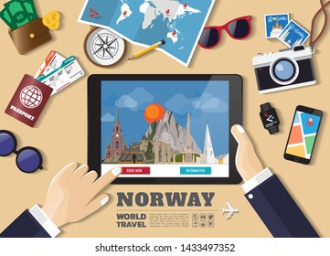 Hand holding smart tablet booking travel destination.Norway famous places.Vector concept banners in flat style with the set of traveling objects, accessories and tourism icon.