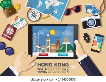Hand holding smart tablet booking travel destination.Hong Kong famous places.Vector concept banners in flat style with the set of traveling objects, accessories and tourism icon.
