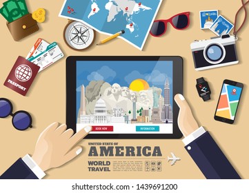 Hand holding smart tablet booking travel destination.United state of america famous places.Vector concept banners in flat style with the set of traveling objects, accessories and tourism icon.