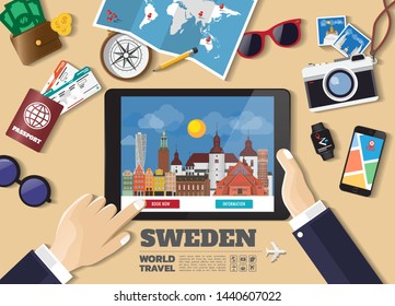 Hand holding smart tablet booking travel destination.Sweden famous places.Vector concept banners in flat style with the set of traveling objects, accessories and tourism icon.