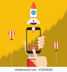 Hand holding smartphon with launch rocket on the screen. Successful startup business concept. Chart on the background. Flat vector illustration.