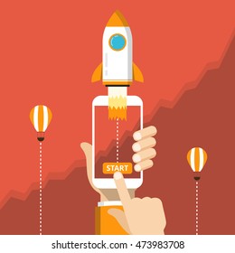 Hand holding smartphon with launch rocket on the screen. Successful startup business concept. Chart on the background. Flat vector illustration.