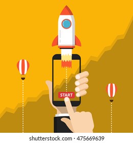 Hand holding smartphon with launch rocket on the screen. Successful startup business concept. Chart on the background. Flat vector illustration.