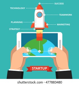 Hand holding smartphon with launch rocket on the screen. Successful startup business concept. Flat vector illustration.