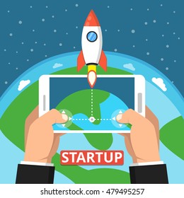 Hand holding smartphon with launch rocket on the screen. Successful startup business concept. Clouds, stars and earth on the background. Flat vector illustration.