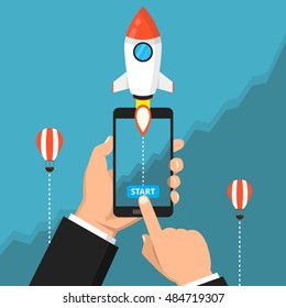 Hand holding smartphon with launch rocket on the screen. Successful startup business concept. Chart on the background. Flat vector illustration.
