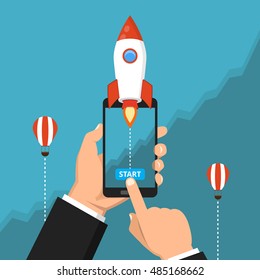 Hand holding smartphon with launch rocket on the screen. Successful startup business concept. Chart on the background. Flat vector illustration.
