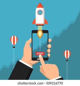 Hand holding smartphon with launch rocket on the screen. Successful startup business concept. Chart on the background. Flat vector illustration.